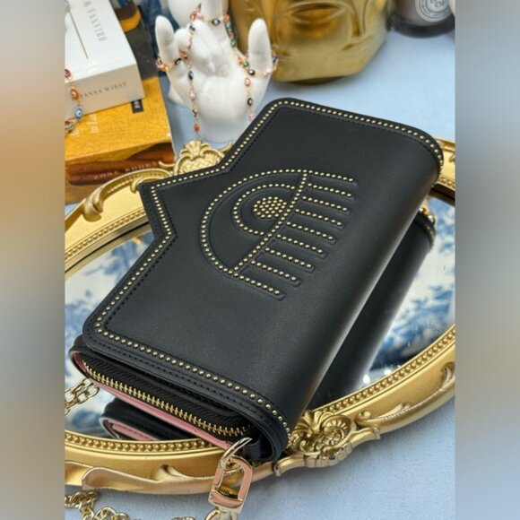 🆕 CHIARA FERRAGNI 🧿 NIB Studded Eyelike Motif Wallet on Chain Link - Black - Picture 8 of 15
